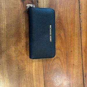Michael Kors Black Zip-Around Saffiano Leather Wallet with Gold Logo